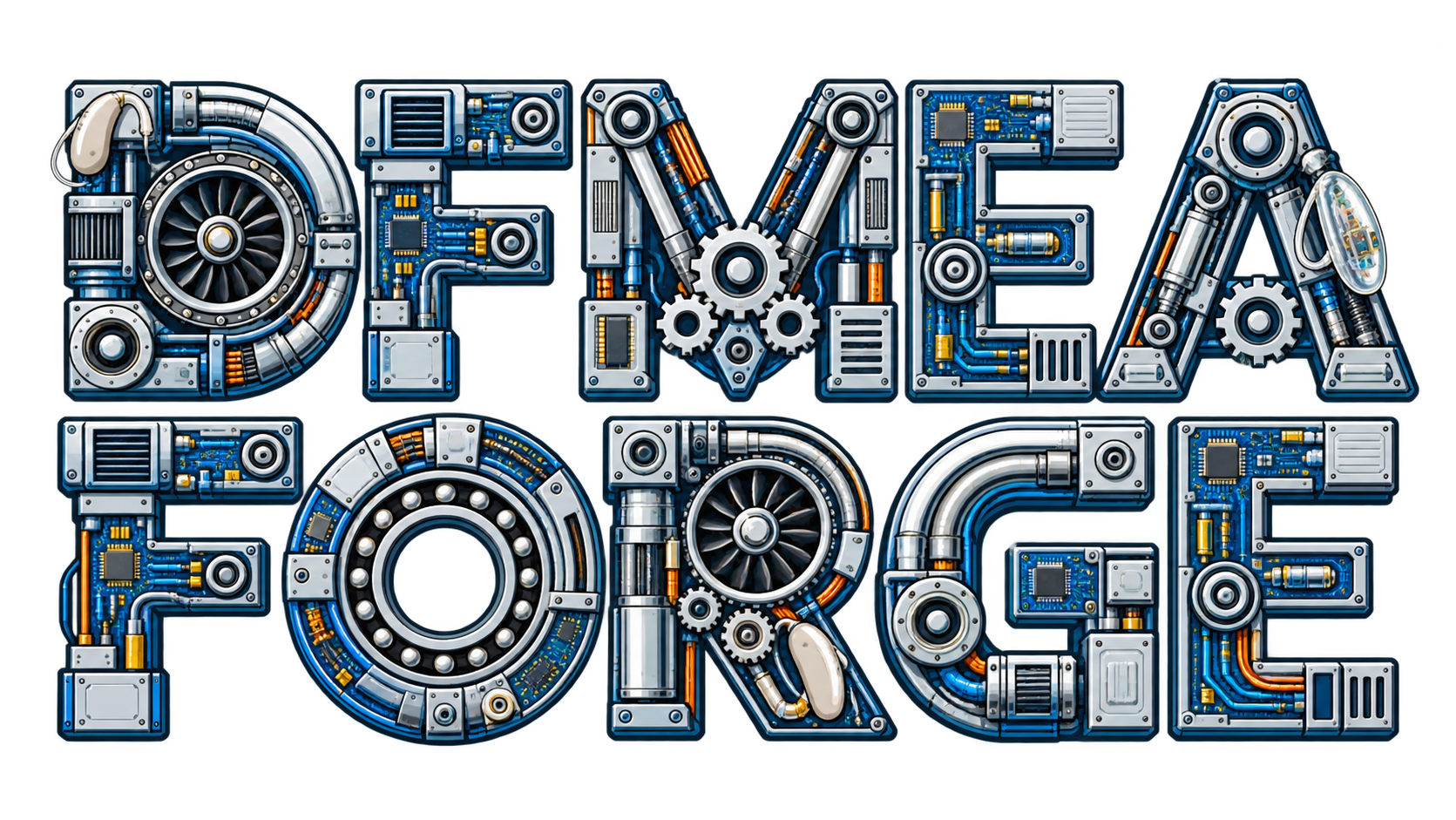 DFMEA Forge — mechanical lettering in steel, blue and orange