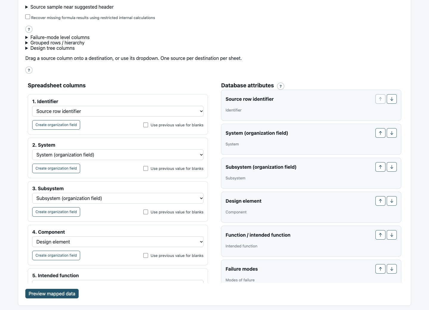 The Forge spreadsheet importer maps source column headings to standard DFMEA attributes and organization-specific fields